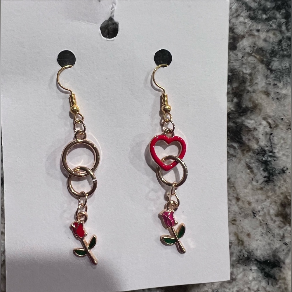 Gold and Red Heart Rose Dangle Earrings